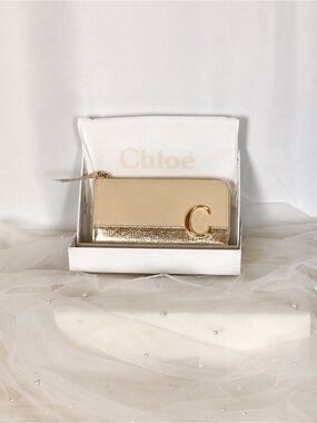 Chloé C Long Zip Wallet Beige Gold Metallic Leather NWT